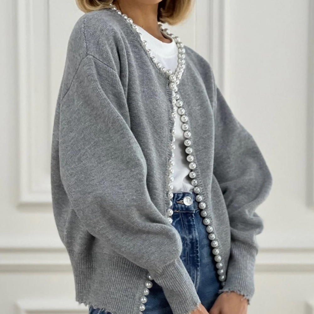 Pearl Trim Ripped Hem Cardigan Gray - Picture 2 of 3